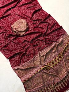 Nuevo AJRAKH Sari satén seda pura CREAP seda Sari tela PREMIUM CREAP SILK Sari peso 470 gramos - Product Image 1