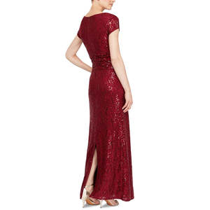 SL Women's <b>Red</b> <b>Sequined</b> Lace Gown Formal Floor-Length Ball Gown with High Slit Sizes XS to XL Available - Product Image 2