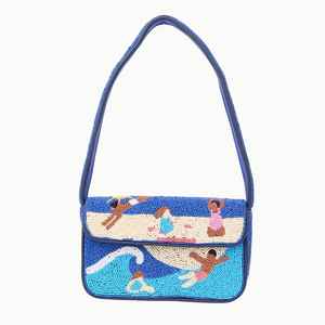 Handmade Premium Blue Beach Scene Beaded Shoulder Bag For Women Summer Vacation Flap Purse Artistic Seascape Baguette Handbag - Product Image 1