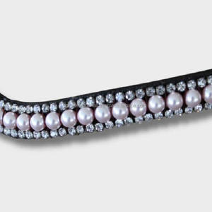 Bande de front de cheval en cuir noir de qualité supérieure, faite à la main, décorée de 3 rangs de perles roses et de cristaux clairs bling. - Product Image 3