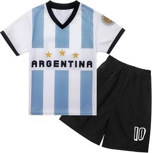 Conjunto de Camiseta de Fútbol a Rayas de Argentina con Número 10 y Pantalones Cortos, 100% Algodón Orgánico, Marca con Bandera Americana Bordada, Ropa Deportiva - Product Image 1