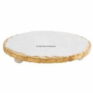 La más exigente, superventas, bandeja para servir alimentos de forma redonda de mármol blanco de alta calidad con bordes dorados y mango de diseñador único - Product Image 5