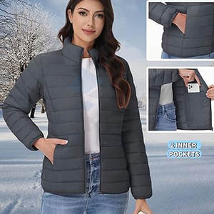 Winter <b>Women</b> Puffer <b>Jacket</b> Padded Quilted Coat Full Zipper Stand Collar <b>Lightweight</b> Warm Fashion Outerwear Dark Grey - Product Image 5