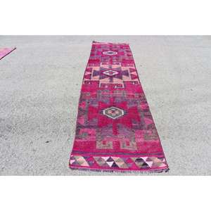 Tapis de couloir vintage, tapis turc 2,9x12,3 pieds, tapis en laine abstrait rose - Product Image 1