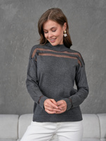 Suéter Gris de Cuello Alto para Mujer, Manga Larga, Tejido Sólido con Paneles Transparentes, Elegante para Otoño