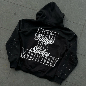 Custom Rhinestone Zip Up Hoodie 450 GSM Lavado ácido Rhinestone Logo Cremallera Negro Hombres sudaderas con capucha hombres, hombres sudaderas con capucha - Product Image 2