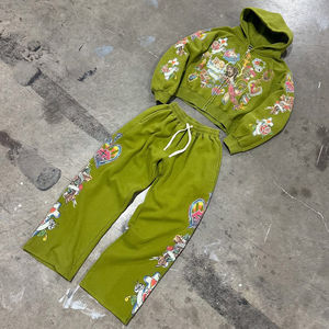 Conjuntos de pantalones de chándal de peso pesado con logotipo personalizado de algodón 100%, sudadera recortada con estampado de pantalla y Sudadera con capucha, chándal, chándal - Product Image 2