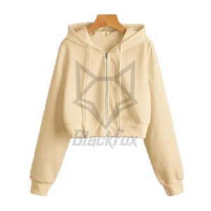 Women's Black <b>Cropped</b> Hoodie <b>Zip</b>-<b>Up</b> Long Sleeve Solid Color Hooded Sweatshirt Autumn Knitted Casual Wear - Product Image 3