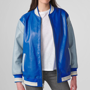 Custom Size Winter <b>Canvas</b> Varsity Jacket Full Leather Body in Varsity <b>Blue</b> Grey Sleeves Nonwoven Weaving Method - Product Image 1