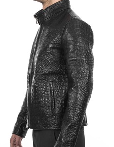 แจ็กเก็ตหนังสำหรับผู้ชายแจ็กเก็ตหนังจระเข้สีดำสไตล์นักขี่จักรยาน - Product Image 5