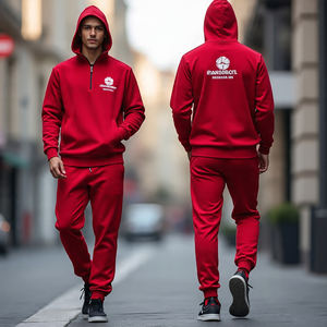 Sweat-shirt à capuche zippé et pantalon évasé 100% coton molletonné pour hommes 3/4 Ensemble de survêtement respirant avec logo sur le devant et l'arrière Couleur unie 1/4 - Product Image 5