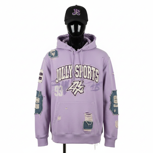 Sudadera con Capucha para Hombre 2025, Tejido de Alta Densidad, 360 GSM, Algodón y Poliéster, Panel de Mezclilla Morada, Estampado con Apliques Desgastados, Sudadera Básica Personalizada - Product Image 1