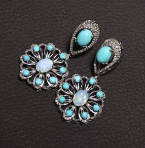 Boucles d'oreilles en argent avec opale éthiopienne et turquoise de l'Arizona avec diamant Boucles d'oreilles en diamant Ensemble de boucles d'oreilles Beauty Turquoise - Product Image 1