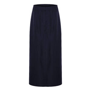 <b>Navy</b> Blue Linen Straight <b>Wrap</b> Skirt with Elastic Waist - Product Image 1