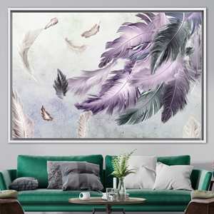 Impression sur toile moderne avec plumes violettes et grises - Art mural élégant, 1P : encadré blanc - Product Image 1