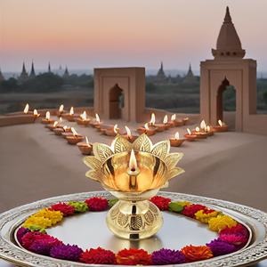 โคมไฟดิวาสีทองพร้อมสลักดีไซน์โคมไฟน้ำมันทองเหลืองทำด้วยมือและอุปกรณ์เสริมสำหรับวัดดิวาลิพูจาและของขวัญตกแต่งบ้าน - Product Image 3