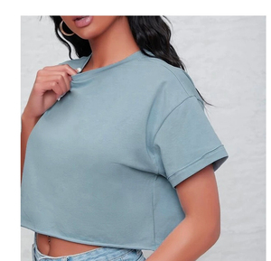 Top corto en blanco personalizado para mujer, Camiseta holgada informal de manga corta, gran oferta, ropa de gimnasio recortada de algodón para primavera - Product Image 3