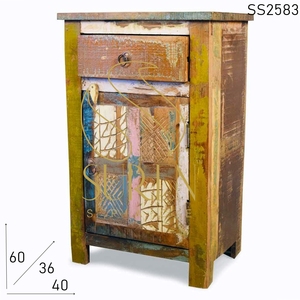 Whitewash Distress Carved Three Drawer <b>Bedside</b> Indian Reclaimed Wood Modern SUREN SPACE Bedroom Living Room Dining Bathroom - Product Image 3