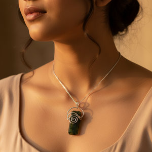 Pendentif en argent plaqué or avec pierre précieuse verte enveloppée de fil, pour femmes, avec un ensemble de rubis et de jade naturels, style religieux, breloques en laiton - Product Image 2