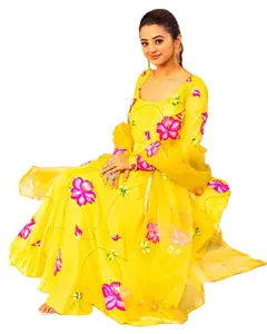 Yellow Colored Beautiful Long Length Full Sleeves Designer V Neck One Piece And Long Length Dress