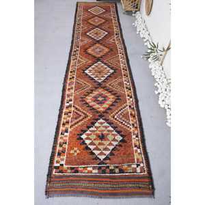 Turkish Herki Runner Rug 2.7x11.6 ft (81x354 cm), Vintage <b>Brown</b> Moroccan <b>Wool</b> Rug - Product Image 1