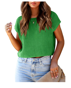 Tops cortos de manga larga para mujer para verano, diseño de cuello redondo, ajuste relajado, suéter recortado de punto suelto, chaleco, camiseta sin mangas, comodidad elegante - Product Image 1