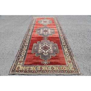 Turkish Large Rug 4.9x11.5 ft, <b>Red</b> Gray Polka dot Rug <b>Wool</b> - Product Image 1