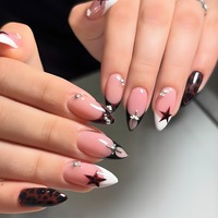 HYC-DZ-1703 Faux Ongles Marron Amande à Coller 24 Pièces, Motif Étoile Doux et Tendance, Réutilisables, Vente en Gros