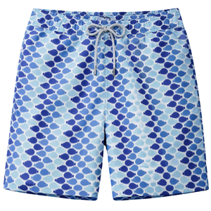 Shorts de bain recyclés pour hommes, imprimé à pois géométriques bleus, séchage rapide, avec cordon de serrage à la taille élastique et poches - Product Image 1