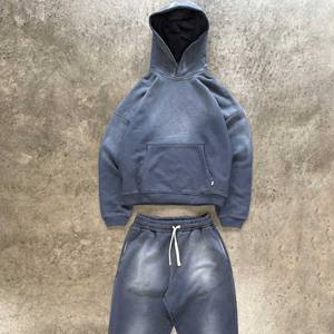 Ensemble sweat à capuche et pantalon de survêtement personnalisé épais 100% coton survêtement bleu marine délavé à l'acide survêtement pour hommes - Product Image 6
