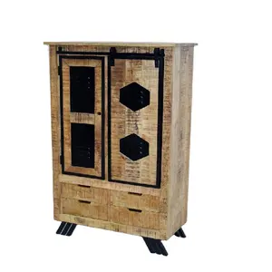 Nouveau design de tiroir en bois de manguier naturel et en fer Panneau de découpe Almirah Armoire de rangement à portes coulissantes pour le salon