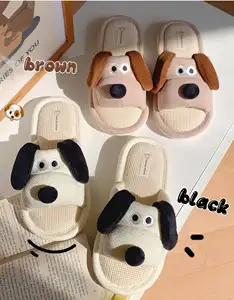 Lindas pantuflas de lino de suela blanda para perros de orejas grandes, pantuflas de suelo interior de cuatro estaciones de dibujos animados para el hogar para damas con sensación de heces