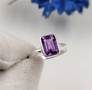 Royal Bloom Genuine Amethyst Emerald Cut <b>Stacking</b> <b>Ring</b> IGI Certified Sterling <b>Silver</b> Mystic Purple Spark Luxe Shine Elegant Gem - Product Image 2