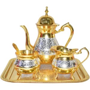 <b>Set</b> Of 2 Modern Creative Art Designer Brass Made Silver Shiny Polished Brass <b>Tea</b> <b>Pot</b> And Kettle With Handle And Top Lid Supplies - Product Image 2