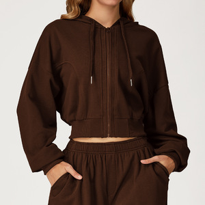 Veste de sport légère zippée pour femme, coupe courte à capuche, coupe ample, vêtements de yoga, logo personnalisé, sweat à capuche OEM - Product Image 4