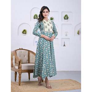 Cotton Firozi <b>Block</b> <b>Printed</b> Indian Salwar Kameez Pakistani Styled Anarkali Dress in Georgette Material Stitched Clothing - Product Image 5