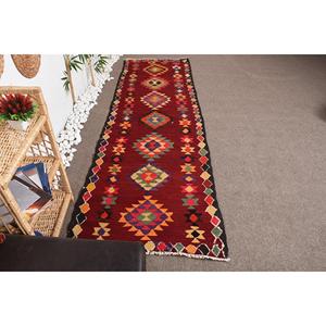 Vintage 3.1x9.5 ft Rug, Herki Turkish Rug, <b>Red</b> Camouflage <b>Wool</b> Rug - Product Image 1