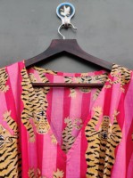 Robe de plage longue rose en coton imprimé tigre fait à la main pour femmes, Kaftan, robe d'été