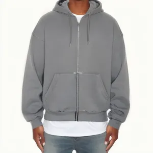 Men's Gray Hooded Zip-Up Sweatshirt Oversized Fit Solid Colour Casual Fleece Hoodie With Front Pocket Autumn Wear 2027 - Product Image 1