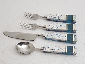 <b>Mirror</b> Polished Stainless Steel Flatware Cutlery Set Brown & <b>White</b> Color Resin and <b>Wood</b> Handle Tableware Dinnerware Cutlery Set - Product Image 2