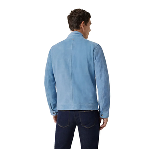 Men's Light Blue <b>Suede</b> Bomber <b>Jacket</b> Stand Collar Zipper Closure Casual Autumn Wear Regular Fit - Product Image 2