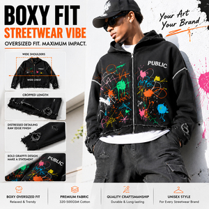 OEM Customized High Quality Flat Embroidery Contrasting Color Thread Hoodies Autumn Graffiti Distressed Full Zipper Hoodies <b>Men</b> - Product Image 1