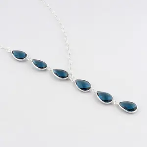 Moda popolare per ragazze 8x12mm con pera sfaccettata londra quarzo blu placcato argento con catena pendente con graffetta regolabile gioielli