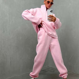 Ensemble de tenues chaudes unies pour femmes et hommes – Survêtements d'automne et d'hiver avec sweat-shirt à col montant zippé et pantalon - Product Image 3