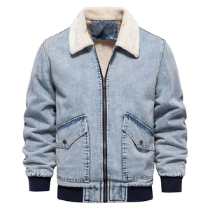 Servicio OEM elegante chaqueta vaquera azul para hombre con cremallera de piel puño elástico algodón hecho Streetwear chaqueta vaquera para hombre abrigo - Product Image 1
