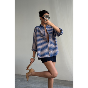 Camisa de Lino a Rayas Azul Marino para Mujer, Colección de Blusas y Camisas para Mujer - Product Image 2