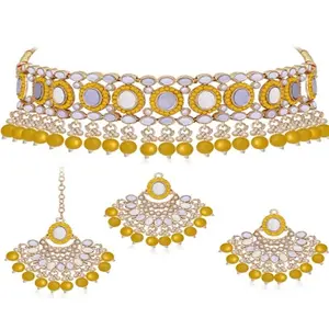 Crystal Pearl Long Necklace with Drop Earrings Traditional Ethnic Jewellery Set for Women Girls
