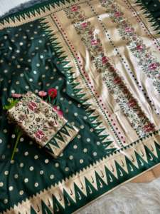 ผ้าไหมปาธานีเนื้อนุ่มสวยงาม งานปักแฟนซี สำหรับเจ้าสาว ผ้าส่าหรีสั่งตัดพิเศษ น้ำหนักตามสั่ง พร้อมลายปักดิ้นทอง มีสินค้าในสต็อก ผลิตในอินเดีย - Product Image 5