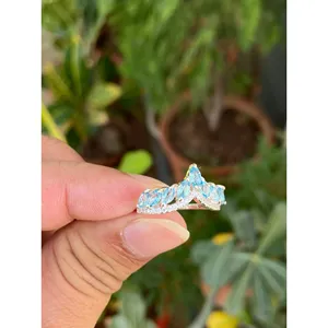 925 Silver Blue Topaz Tiara Ring Rhodium Plated with Pear & Oval Cut <b>Diamonds</b> Geometric Marquise Pattern for Engagement Gift - Product Image 3