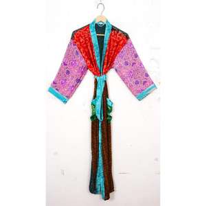 ชุดกิโมโนผ้าไหมถักรีไซเคิลสำหรับผู้หญิง ทรงเอวสูง สไตล์โบฮีเมียน คอวี แขนสามส่วน ผูกเชือกด้านหน้า - Product Image 4